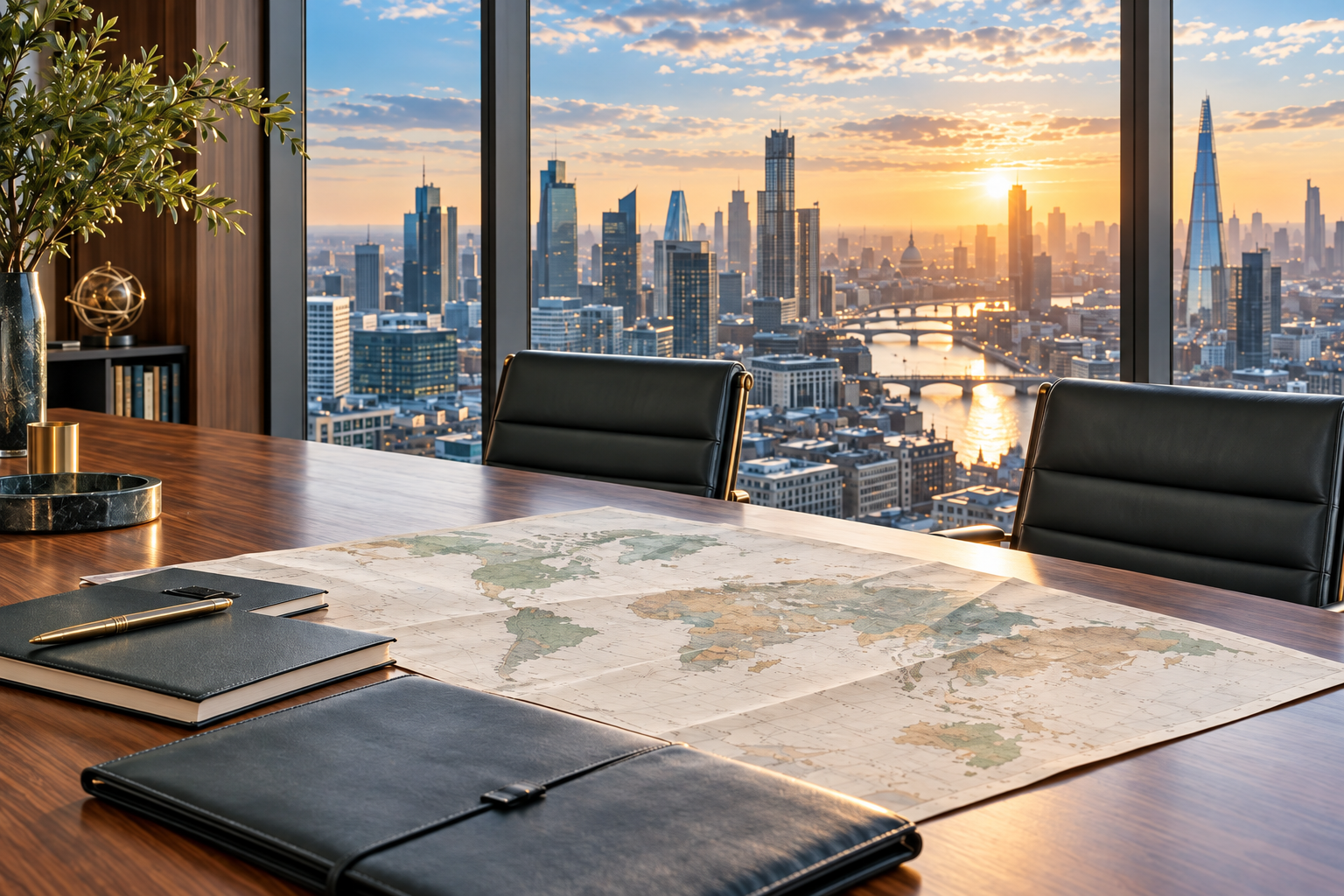 Executive market expansion planning room overlooking a city.