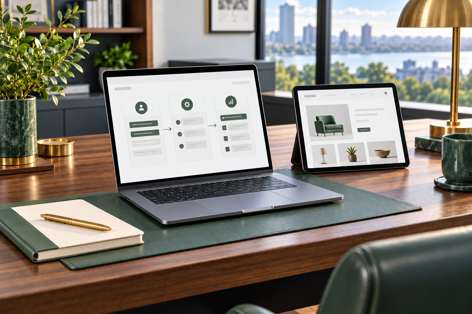 Digital planning tools displayed on a laptop and tablet in an executive workspace.