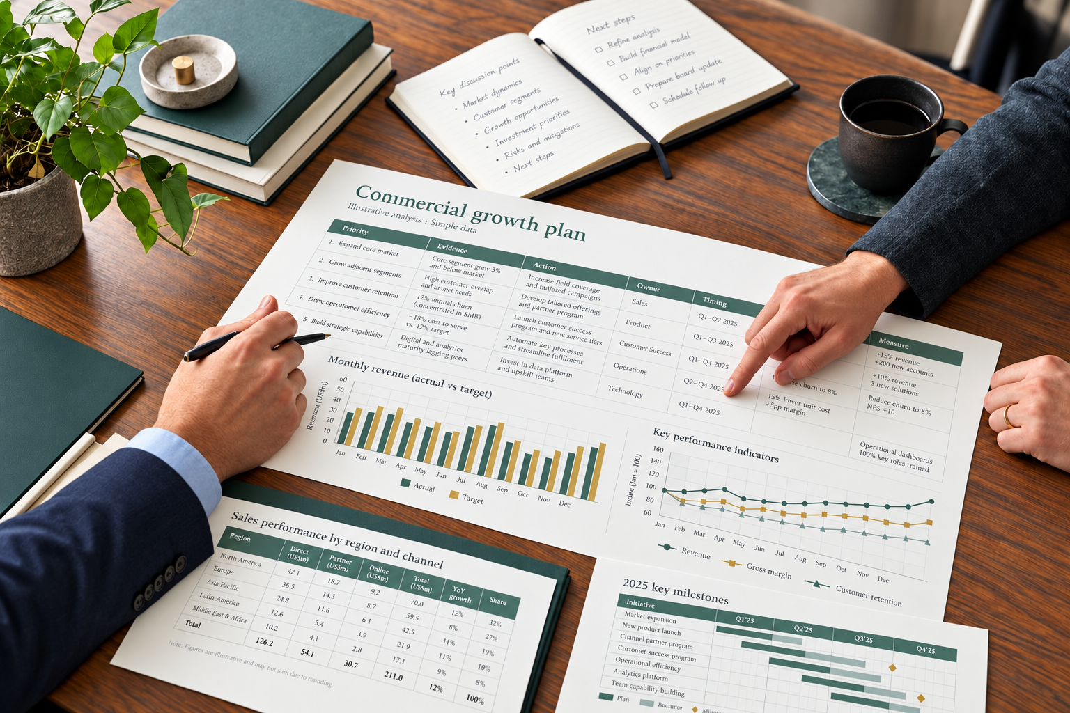 Illustrative commercial growth planning session with detailed action tables, monthly revenue charts and a milestone schedule.